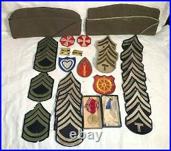 28pc lot WWII US Army PATCHES Good Conduct Metal + Box OVERSEAS GARRISON Hats