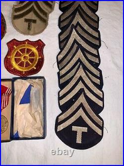 28pc lot WWII US Army PATCHES Good Conduct Metal + Box OVERSEAS GARRISON Hats