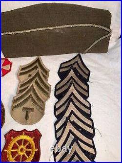 28pc lot WWII US Army PATCHES Good Conduct Metal + Box OVERSEAS GARRISON Hats