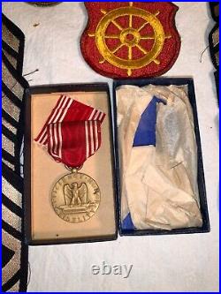 28pc lot WWII US Army PATCHES Good Conduct Metal + Box OVERSEAS GARRISON Hats