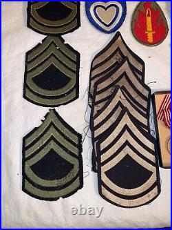 28pc lot WWII US Army PATCHES Good Conduct Metal + Box OVERSEAS GARRISON Hats