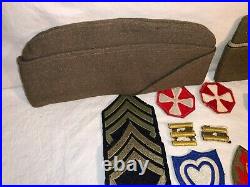 28pc lot WWII US Army PATCHES Good Conduct Metal + Box OVERSEAS GARRISON Hats