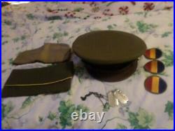 3 WWII US Army Hats 1 dog tag 2 patches1943 vintage antique WORLD WAR 2 ORIGINAL