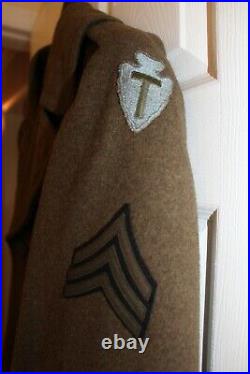 EXCELLENT WWII US ARMY 36 INFANTRY OD ENLISTED UNIFORM WOOL OVERCOAT 36R withPATCH