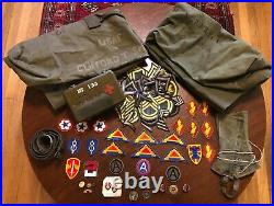 Lot Of WW2 Korean War Vietnam Era US Army SSI Patches DUI Pins Belt Duffle Bags