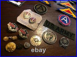 Lot Of WW2 Korean War Vietnam Era US Army SSI Patches DUI Pins Belt Duffle Bags