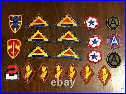 Lot Of WW2 Korean War Vietnam Era US Army SSI Patches DUI Pins Belt Duffle Bags