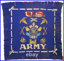 Mid-20th C U. S. Army Vint Sewn Patch & Decaled Blue/red Hvy Felt Fringed Banner