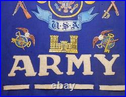 Mid-20th C U. S. Army Vint Sewn Patch & Decaled Blue/red Hvy Felt Fringed Banner