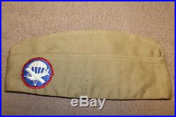 Original WW2 U. S. Army Airborne Patched Khaki Overseas Hat, 1943 d. WithGI Stamps