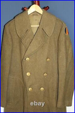 Original WW2 U. S. Army Replacement & School Command Patched OD Wool Overcoat