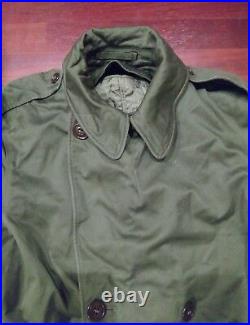 U S ARMY 7th Military GREEN Winter Field Trench Coat Jacket withPatches WW II 2