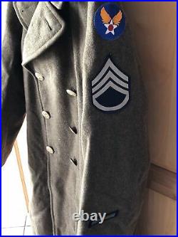 Vintage 1943 WWII US Army Officers Heavy Wool Trench Coat With Patches