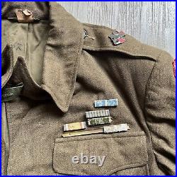 Vintage Original WW2 US Army Ike Jacket & Hat With Ribbon Bars And Patches 1944
