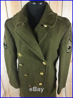 Vintage WW2 US Army Officer Wool Overcoat Coat With Patches Mens 42 RARE