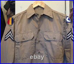 Vintage WWII US. Army Military Khaki Tan Official Dress Uniform Patch Shirt