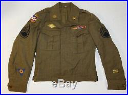Vtg US Army Military WWII Green Wool Military Jacket Patches Badge Pins Size 36R