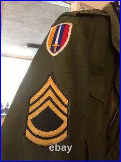 WW2 US Army MASTER Sargent Army field jacket hood, liner patches Reg Small