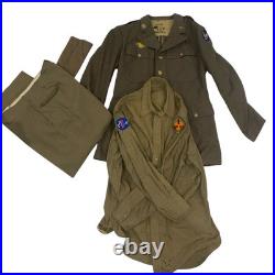 WW2 US Mens Army Field Uniform Jacket Shirt Hat Shirt Wool WI. OD. 1945 Patches