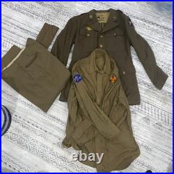 WW2 US Mens Army Field Uniform Jacket Shirt Hat Shirt Wool WI. OD. 1945 Patches