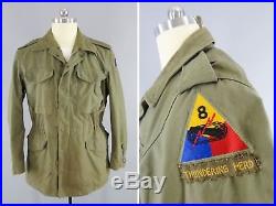 WW2 Vintage US Army M43 Field Jacket 8th Armored Patch & Thundering Herd Tab XL
