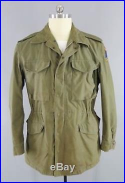 WW2 Vintage US Army M43 Field Jacket 8th Armored Patch & Thundering Herd Tab XL