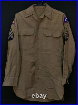 WWII US AAF T/4 OD Field'Gas Flap' Shirt 3rd & 7th Army SSI Patched 14 x 32 Sz