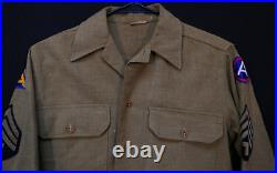 WWII US AAF T/4 OD Field'Gas Flap' Shirt 3rd & 7th Army SSI Patched 14 x 32 Sz