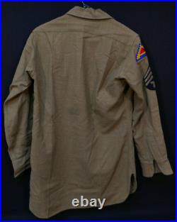 WWII US AAF T/4 OD Field'Gas Flap' Shirt 3rd & 7th Army SSI Patched 14 x 32 Sz