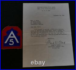 WWII US LTG Mark W. Clark Signed Letter & SSI Patch 5th Army Feb. 1944 England