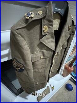World War II Decorated Wool Army Jacket With Patches, Pins, Buttons & Tie 37R